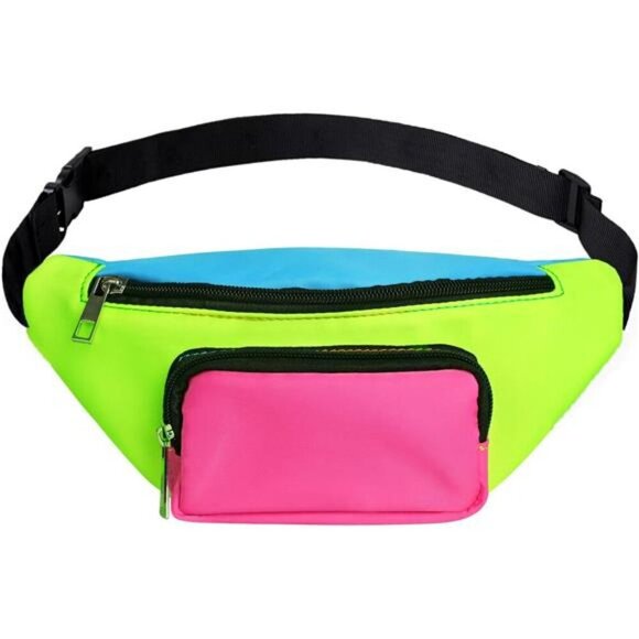 Neon 80s Fanny Pack Belt Bag Festival Rave Travel Waist Bag Plus Size Unisex - Picture 1 of 8